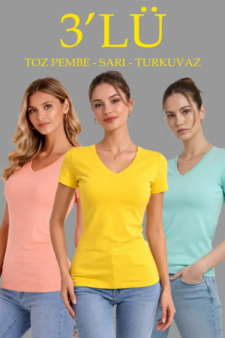 V Yaka Tişört Kısa Kol Slim Fit T-shirt 3'lü Set Toz Pembe-Sarı-Turkuvaz