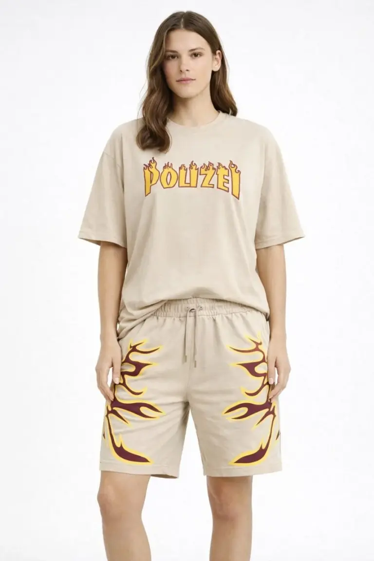 Oversize Baskılı Tişört Cepli Şort ikili Takım Kombin - Bej