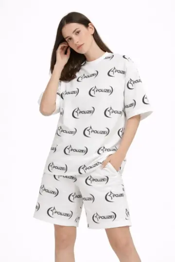 Oversize Ön ve Arka Baskılı Tişört Şort ikili Takım Kombin - Beyaz