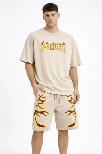 Oversize Baskılı Tişört Cepli Şort ikili Takım Kombin - Bej