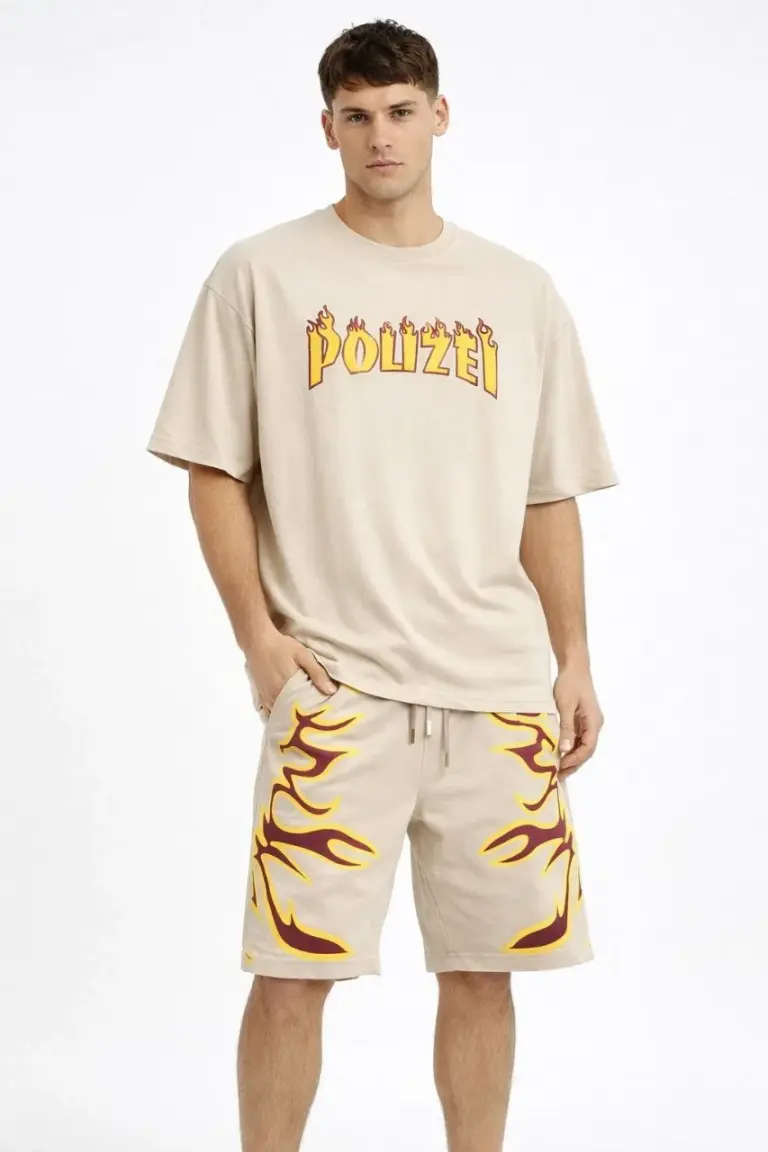 Oversize Baskılı Tişört Cepli Şort ikili Takım Kombin - Bej