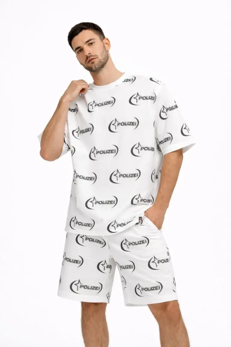Oversize Ön ve Arka Baskılı Tişört Şort ikili Takım Kombin - Beyaz