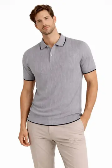 Polo Yakal Düğmeli Triko Tişört Yazlık Dokuma Regular Fit T-Shirt - Gri