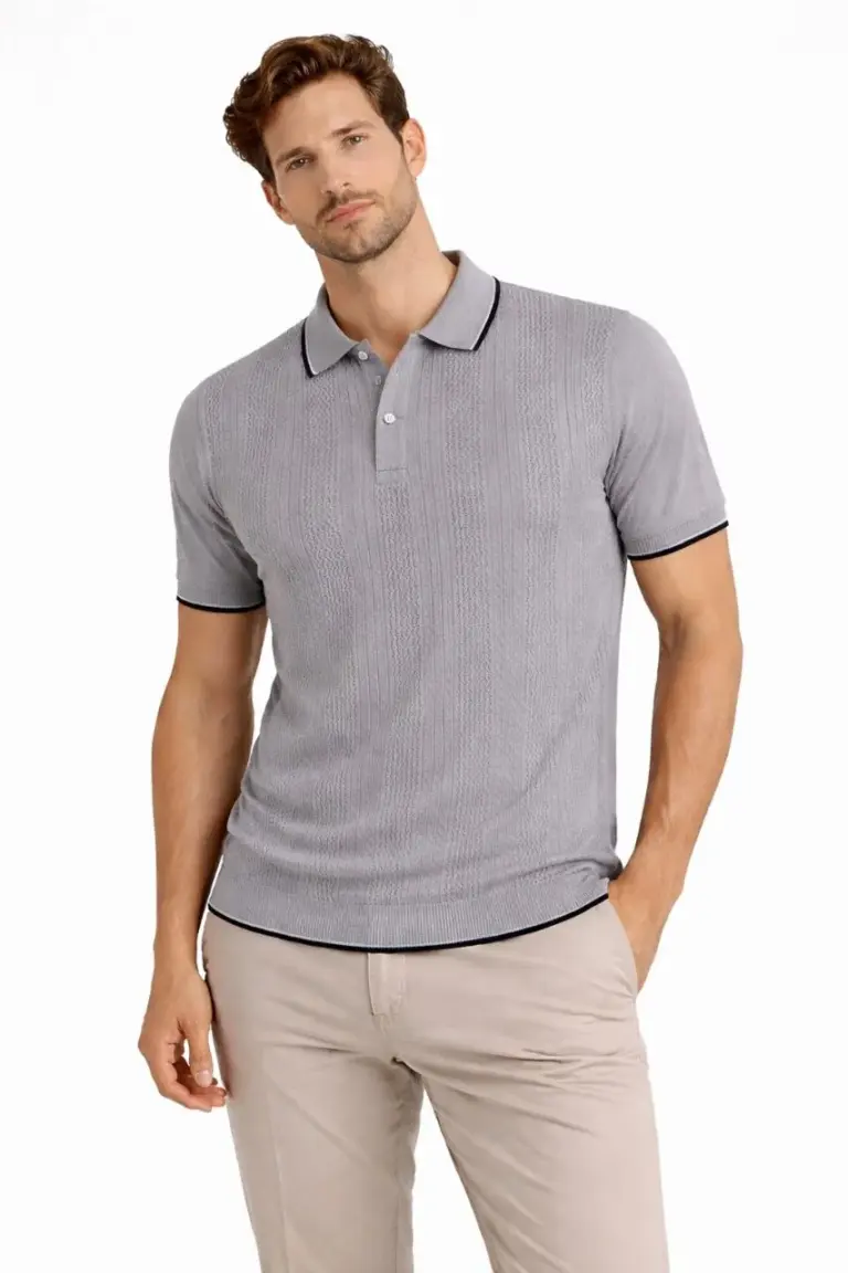 Polo Yakal Düğmeli Triko Tişört Yazlık Dokuma Regular Fit T-Shirt - Gri