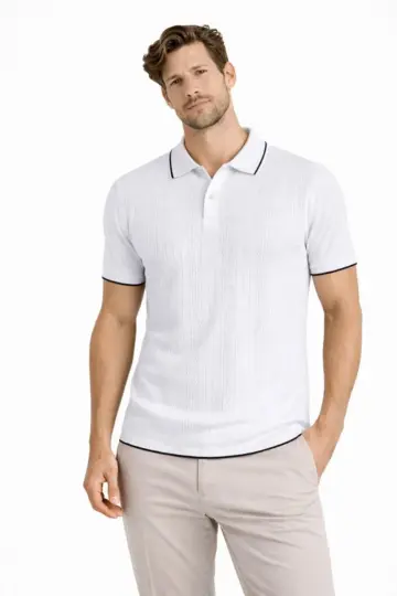Polo Yaka Düğmeli Triko Tişört Yazlık Dokuma Regular Fit T-Shirt - Beyaz