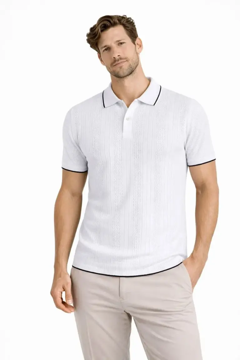 Polo Yaka Düğmeli Triko Tişört Yazlık Dokuma Regular Fit T-Shirt - Beyaz