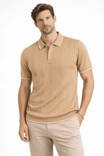 Polo Yaka Düğmeli Triko Tişört Yazlık Dokuma Regular Fit T-Shirt - Kahverengi