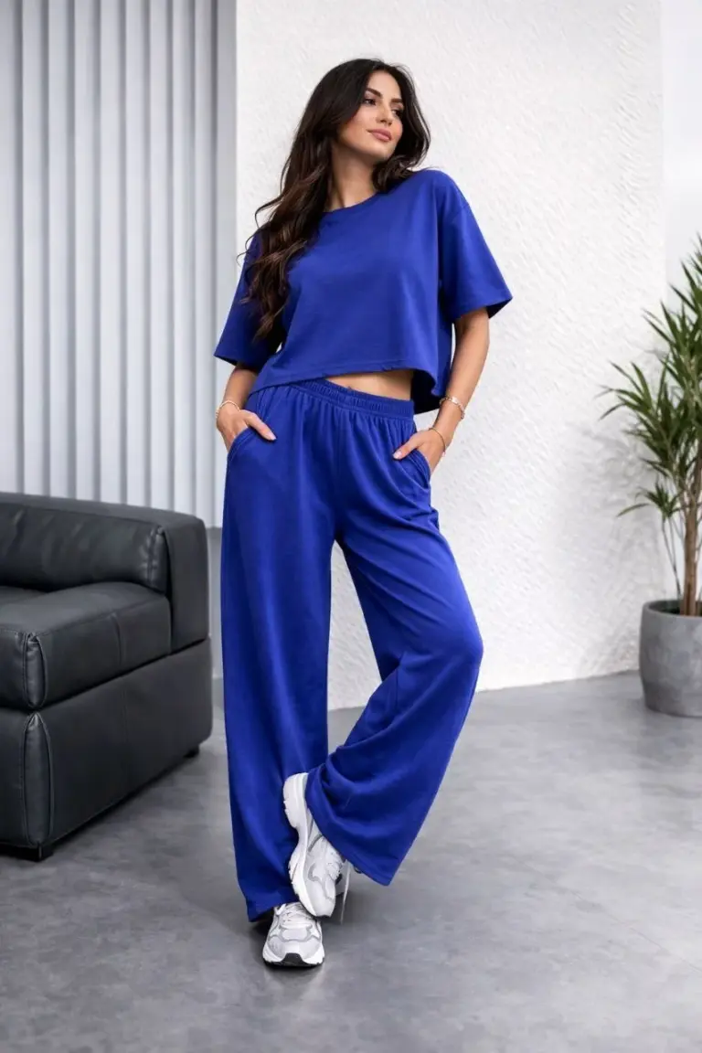 Osy Modal yumuşak dokulu Oversize İkili Bol Paça Pantolonlu Takım - Saks Mavisi