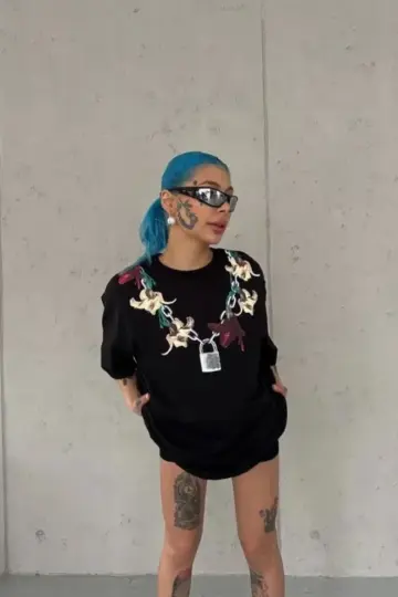 Kısa Kol Yazlık Tişört Bisiklet Yaka Baskılı Oversize T-Shirt - Siyah