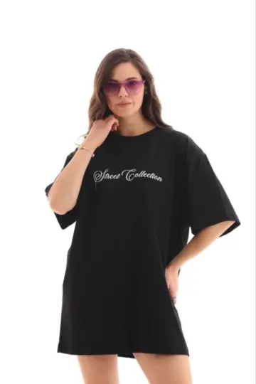 Kısa Kol Yazlık Tişört Bisiklet Yaka Baskılı Oversize T-Shirt - Siyah