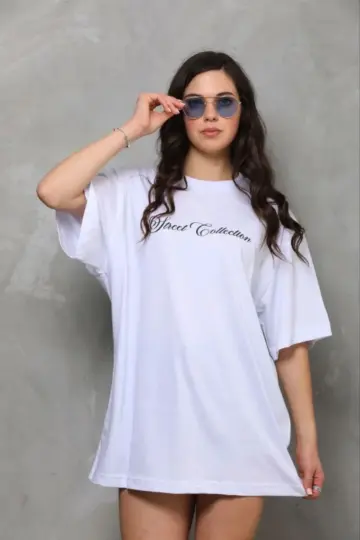Kısa Kol Yazlık Tişört Bisiklet Yaka Baskılı Oversize T-Shirt - Beyaz