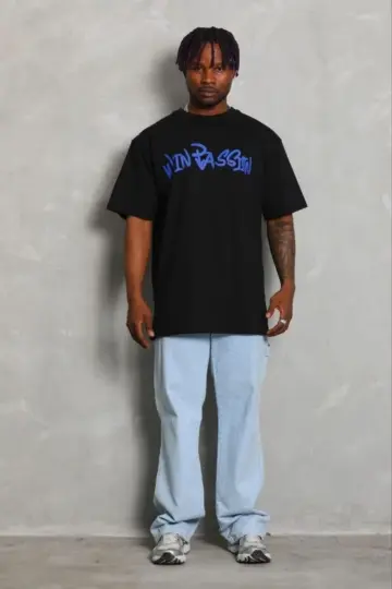 Baskılı T-Shirt Kısa Kol Bisiklet Yaka Regular Fit Tişört - Siyah