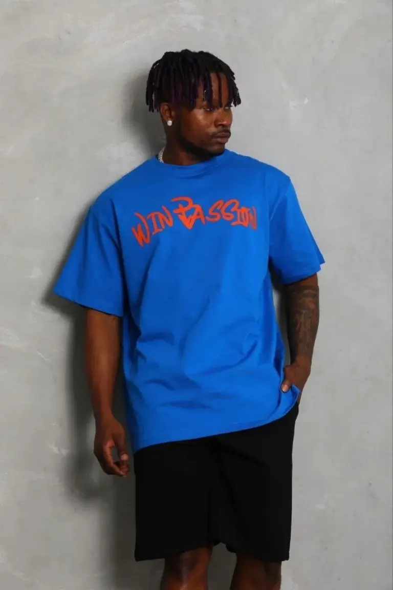 Baskılı T-Shirt Kısa Kol Bisiklet Yaka Regular Fit Tişört - Saks Mavisi