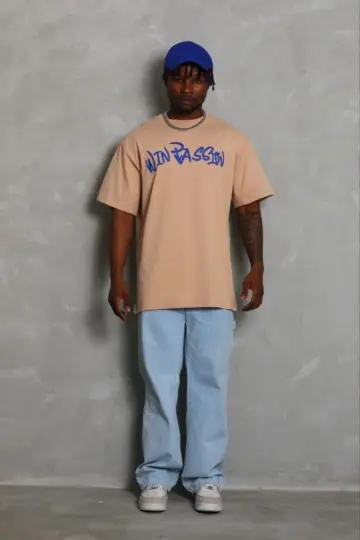 Baskılı T-Shirt Kısa Kol Bisiklet Yaka Regular Fit Tişört - Bej