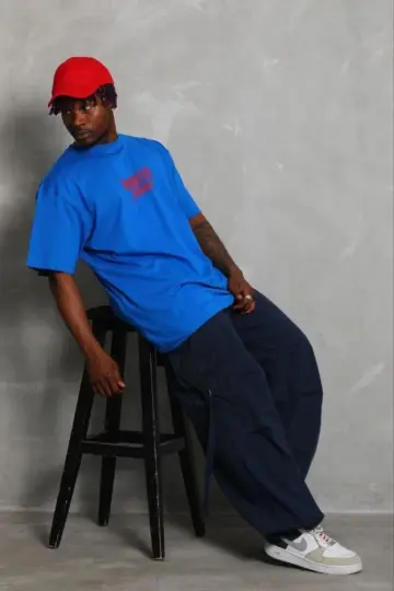 Baskılı T-Shirt Kısa Kol Bisiklet Yaka Regular Fit Tişört - Saks Mavisi