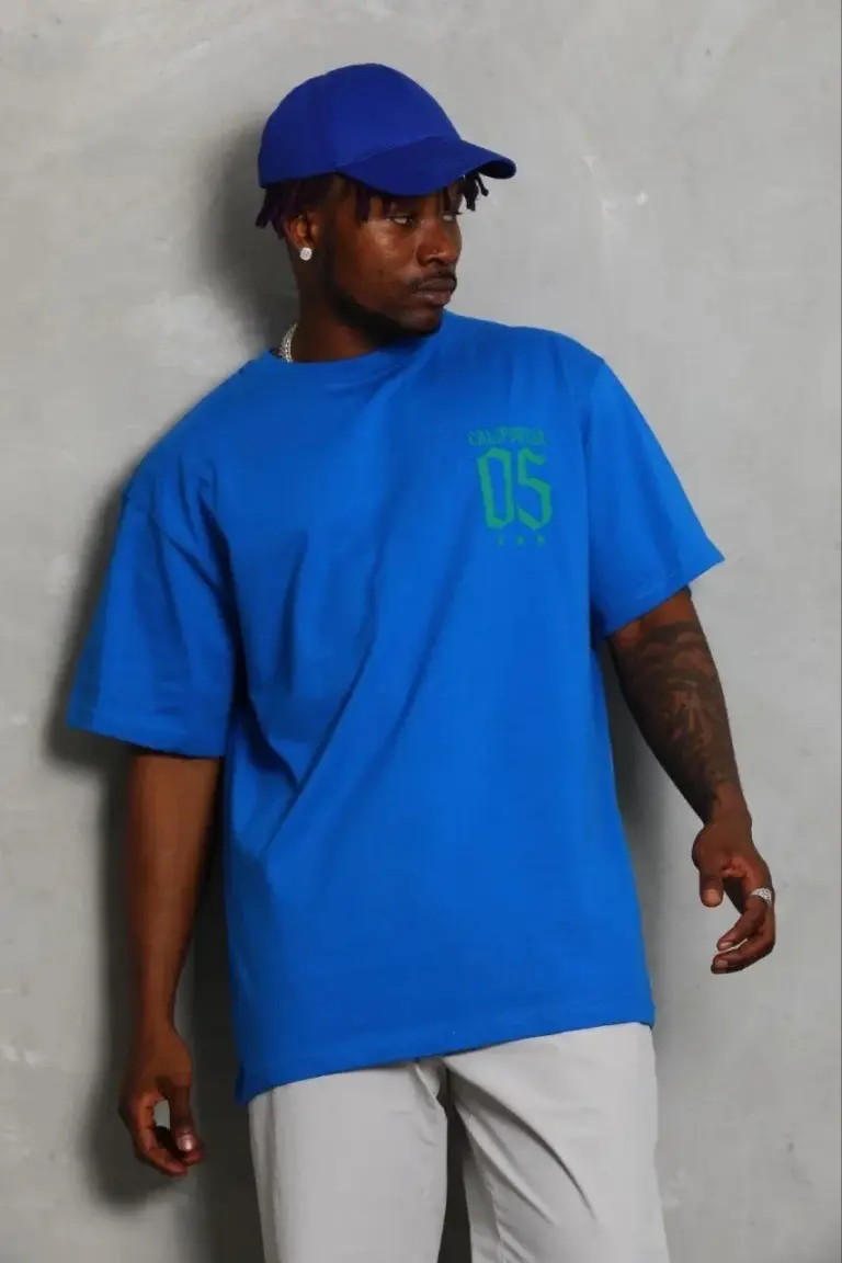 Baskılı T-Shirt Kısa Kol Bisiklet Yaka Regular Fit Tişört - Saks Mavisi