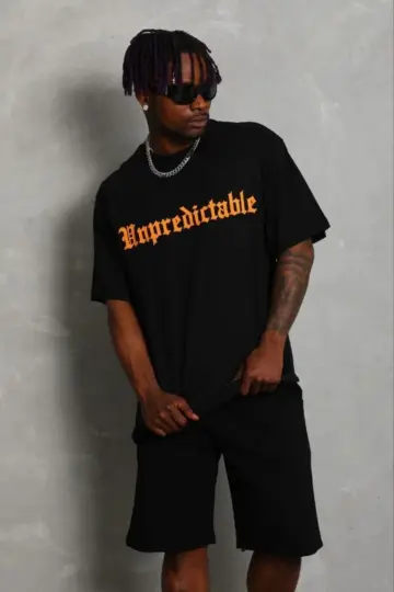 Baskılı T-Shirt Kısa Kol Bisiklet Yaka Regular Fit Tişört - Siyah