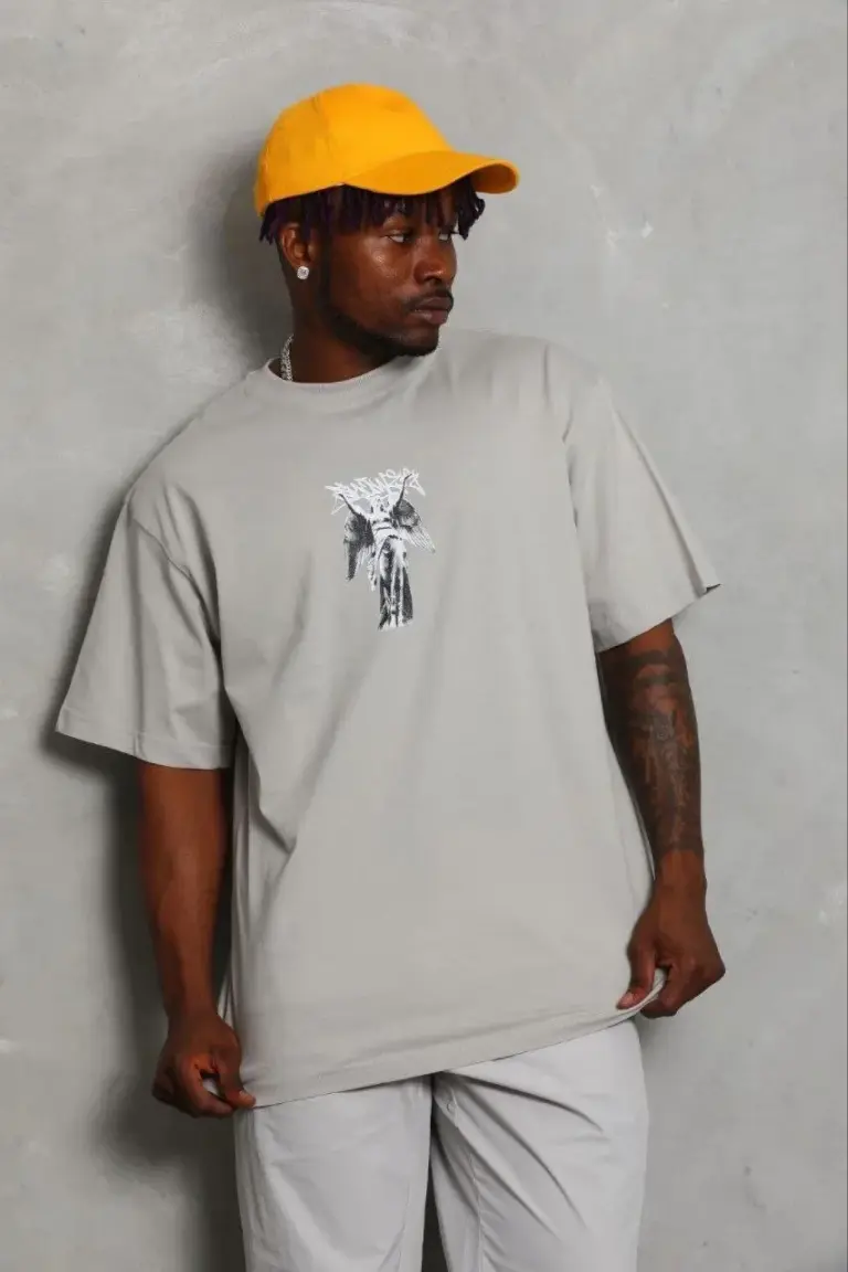 Baskılı T-Shirt Kısa Kol Bisiklet Yaka Regular Fit Tişört - Gri