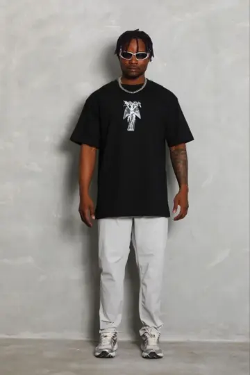 Baskılı T-Shirt Kısa Kol Bisiklet Yaka Regular Fit Tişört - Siyah