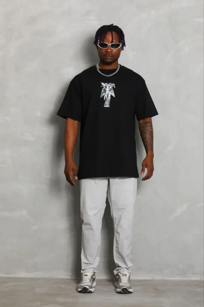 Baskılı T-Shirt Kısa Kol Bisiklet Yaka Regular Fit Tişört - Siyah