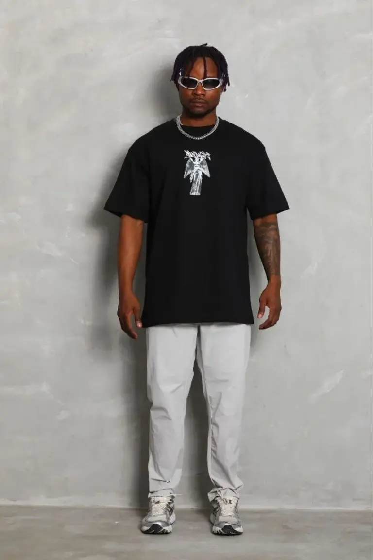 Baskılı T-Shirt Kısa Kol Bisiklet Yaka Regular Fit Tişört - Siyah