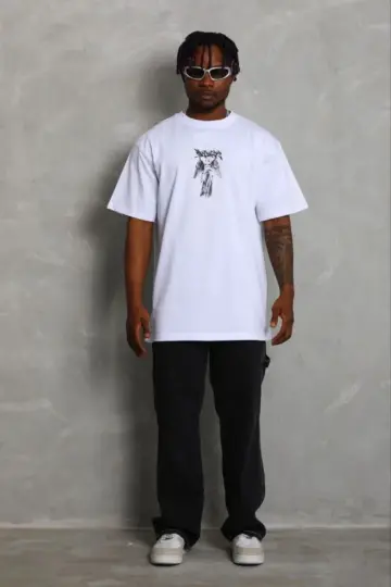 Baskılı T-Shirt Kısa Kol Bisiklet Yaka Regular Fit Tişört - Beyaz