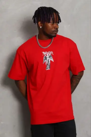 Baskılı T-Shirt Kısa Kol Bisiklet Yaka Regular Fit Tişört - Kırmızı