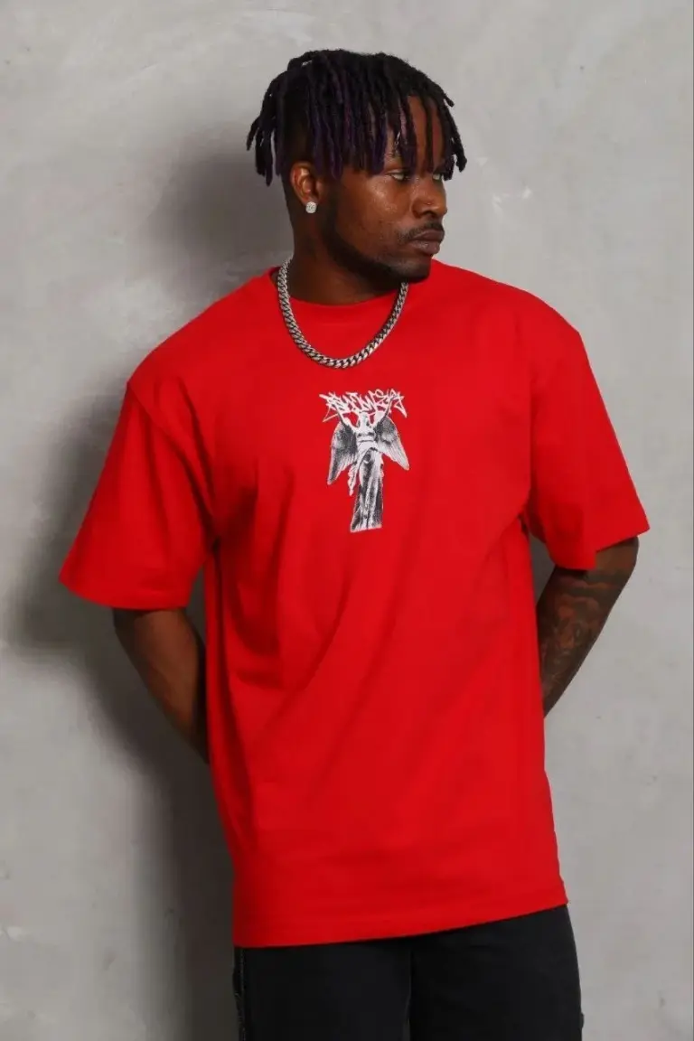 Baskılı T-Shirt Kısa Kol Bisiklet Yaka Regular Fit Tişört - Kırmızı