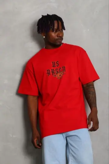 Baskılı T-Shirt Kısa Kol Bisiklet Yaka Regular Fit Tişört - Kırmızı