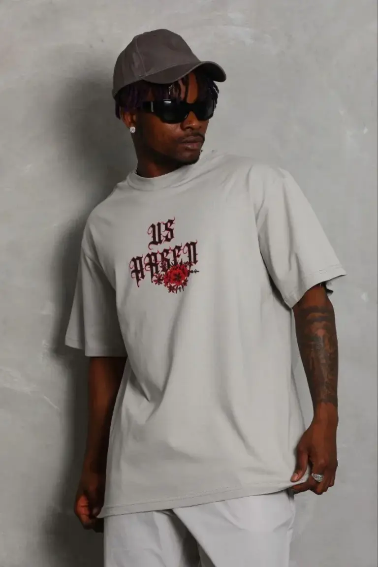 Baskılı T-Shirt Kısa Kol Bisiklet Yaka Regular Fit Tişört - Gri