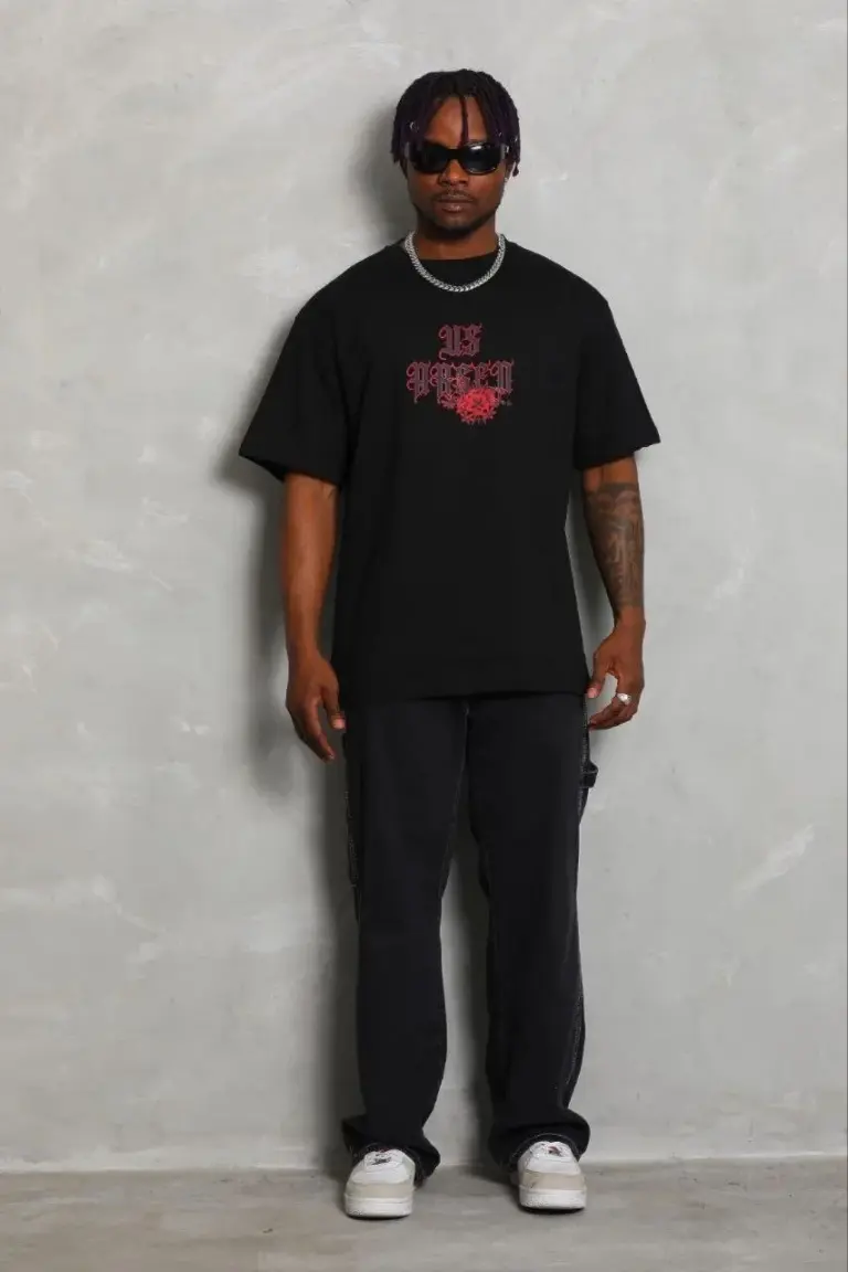 Baskılı T-Shirt Kısa Kol Bisiklet Yaka Regular Fit Tişört - Siyah