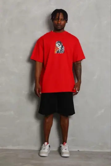 Baskılı T-Shirt Kısa Kol Bisiklet Yaka Regular Fit Tişört - Kırmızı