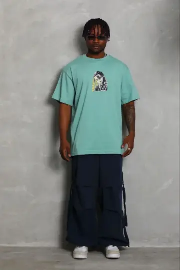 Baskılı T-Shirt Kısa Kol Bisiklet Yaka Regular Fit Tişört - Mint Yeşili