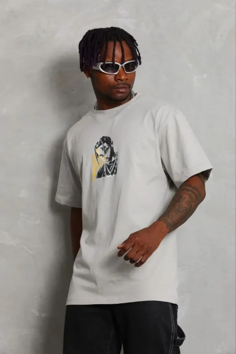 Baskılı T-Shirt Kısa Kol Bisiklet Yaka Regular Fit Tişört - Gri