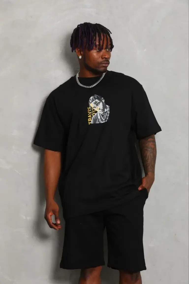 Baskılı T-Shirt Kısa Kol Bisiklet Yaka Regular Fit Tişört - Siyah