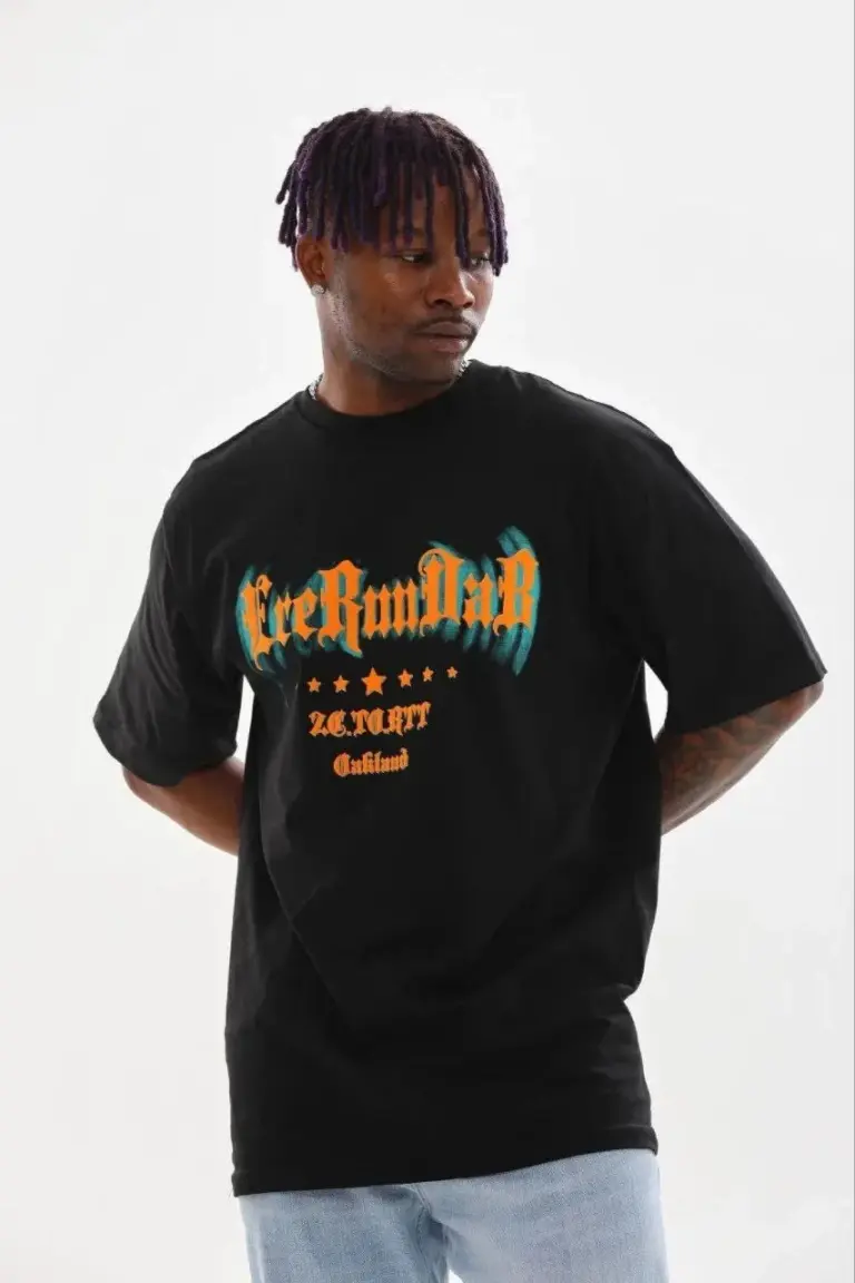 Baskılı T-Shirt Kısa Kol Bisiklet Yaka Regular Fit Tişört - Siyah