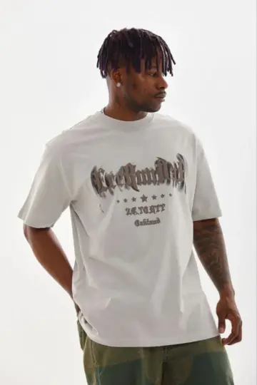 Baskılı T-Shirt Kısa Kol Bisiklet Yaka Regular Fit Tişört - Gri