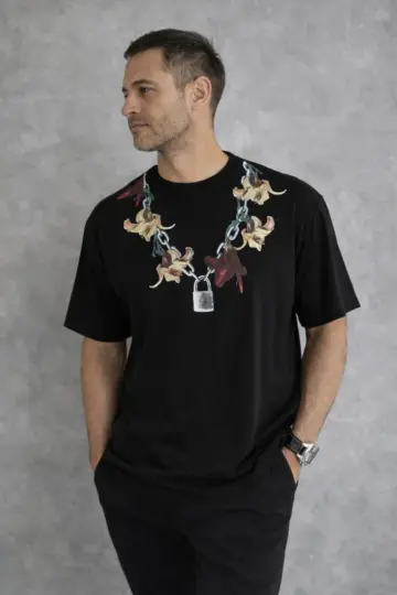 Baskılı T-Shirt Kısa Kol Bisiklet Yaka Regular Fit Rahat Tişört - Siyah