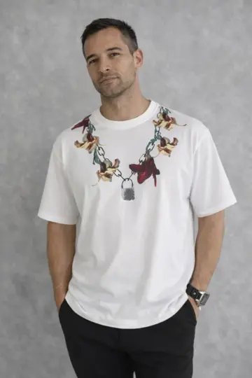 Baskılı T-Shirt Kısa Kol Bisiklet Yaka Regular Fit Tişört - Beyaz