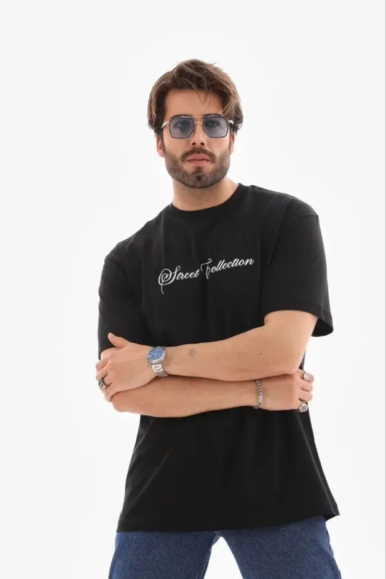 Baskılı T-Shirt Kısa Kol Bisiklet Yaka Regular Fit Tişört - Siyah