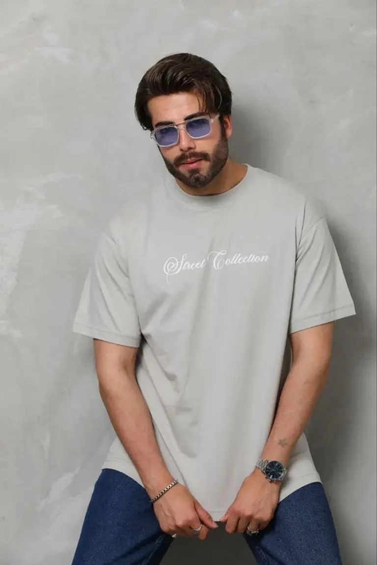 Baskılı T-Shirt Kısa Kol Bisiklet Yaka Regular Fit Tişört - Gri