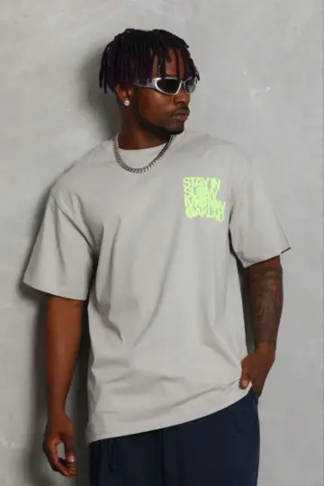 Baskılı T-Shirt Kısa Kol Bisiklet Yaka Regular Fit Tişört - Gri