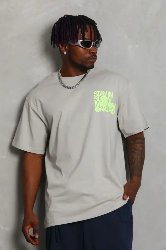 Baskılı T-Shirt Kısa Kol Bisiklet Yaka Regular Fit Tişört - Gri