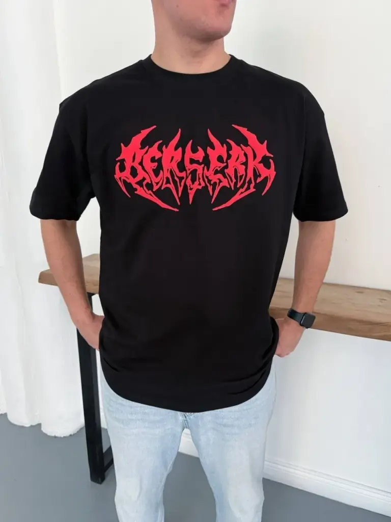 Kısa Kol Yazlık Tişört Bisiklet Yaka Baskılı Oversize T-Shirt - Siyah