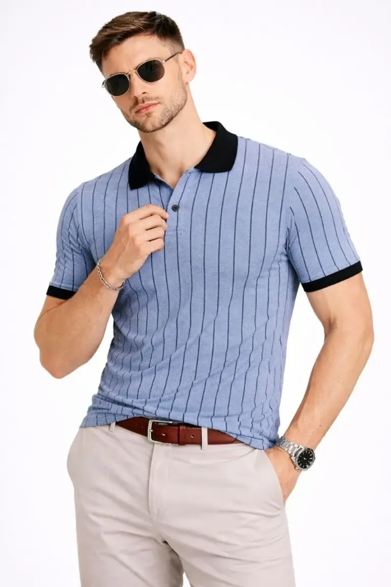 Polo Yaka Çizgili Tişört Kısa Kol Düğmeli Yazlık T-Shirt - Bebek Mavisi