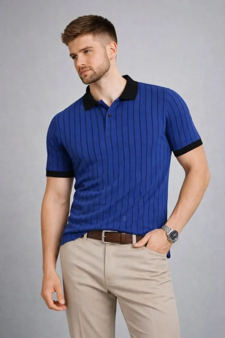 Polo Yaka Çizgili Tişört Kısa Kol Düğmeli Yazlık T-Shirt - Saks Mavisi