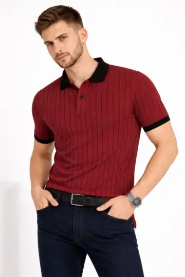 Polo Yaka Çizgili Tişört Kısa Kol Düğmeli Yazlık T-Shirt - Bordo