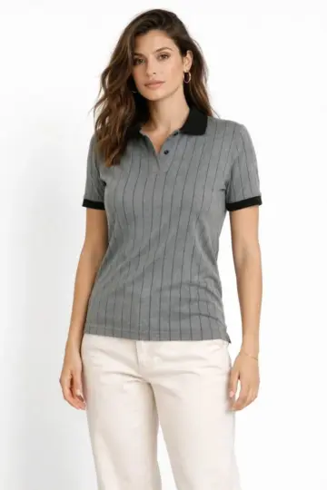 Polo Yaka Çizgili Tişört Kısa Kol Düğmeli Yazlık T-Shirt - Gri