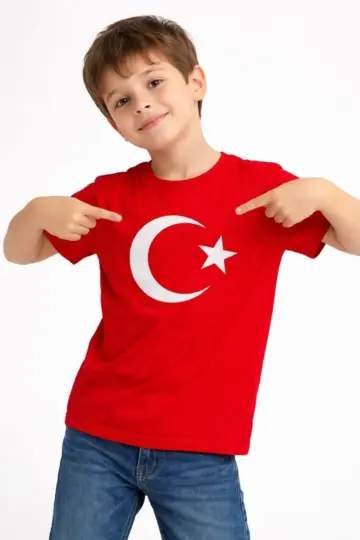 Çocuk Tişört Bisiklet Yaka Ay Yıldız Bayrak Baskılı T-Shirt - Kırmızı