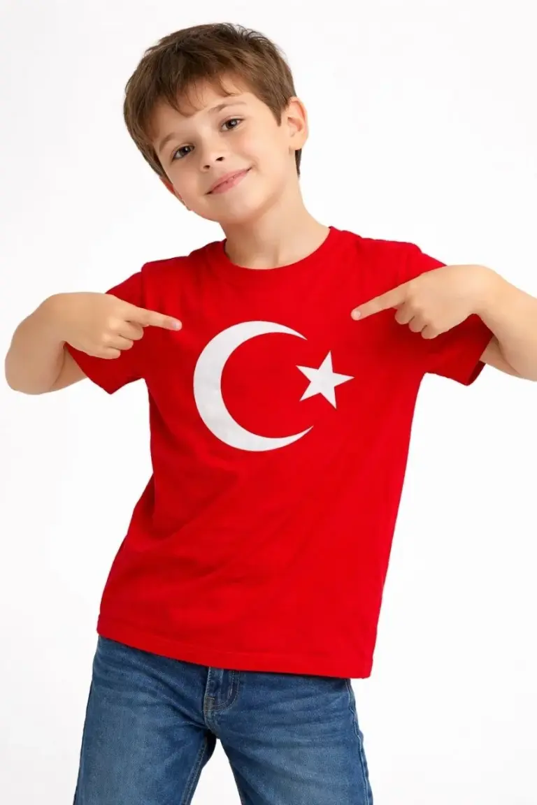 Çocuk Tişört Bisiklet Yaka Ay Yıldız Bayrak Baskılı T-Shirt - Kırmızı